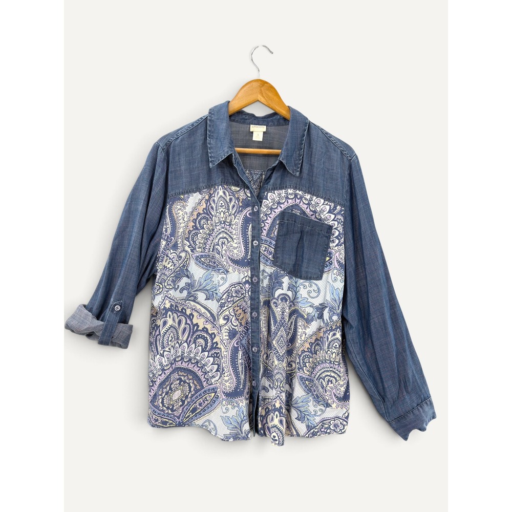 Chico's Size 3 XL Blue Paisley Denim Mixed Media Button Up Long Sleeve Artsy